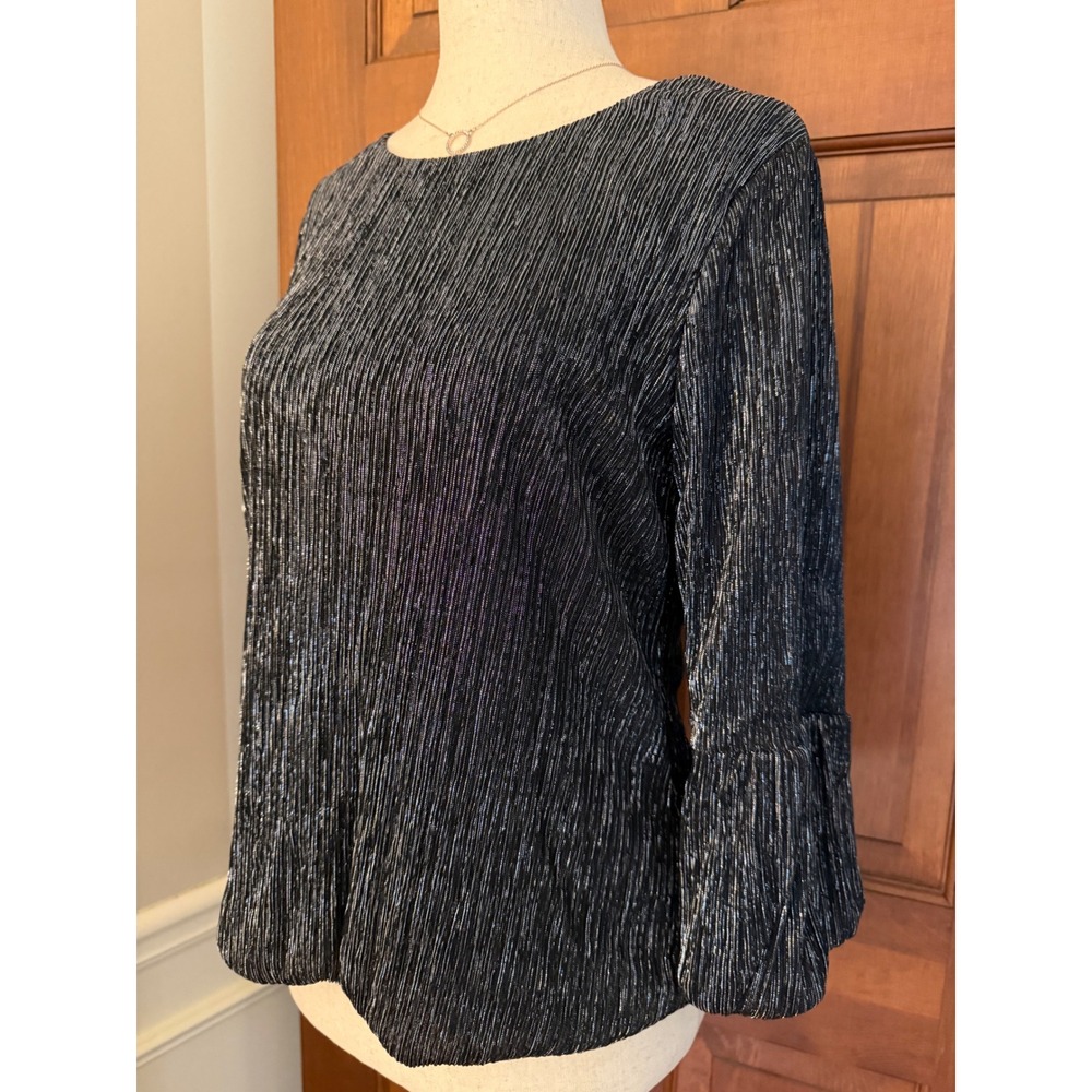 Alfani Petite Metallic Three-Quarter Blouse Women's M Black/Silver Lined Top